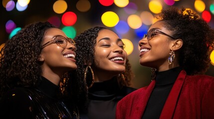 Three happy women laughing at night with bokeh lights.