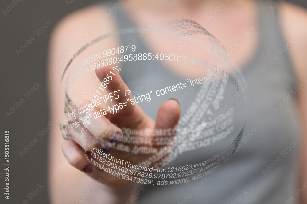 Aufkleber A woman interacts with a futuristic holographic sphere displaying data and code.  Technology concept.