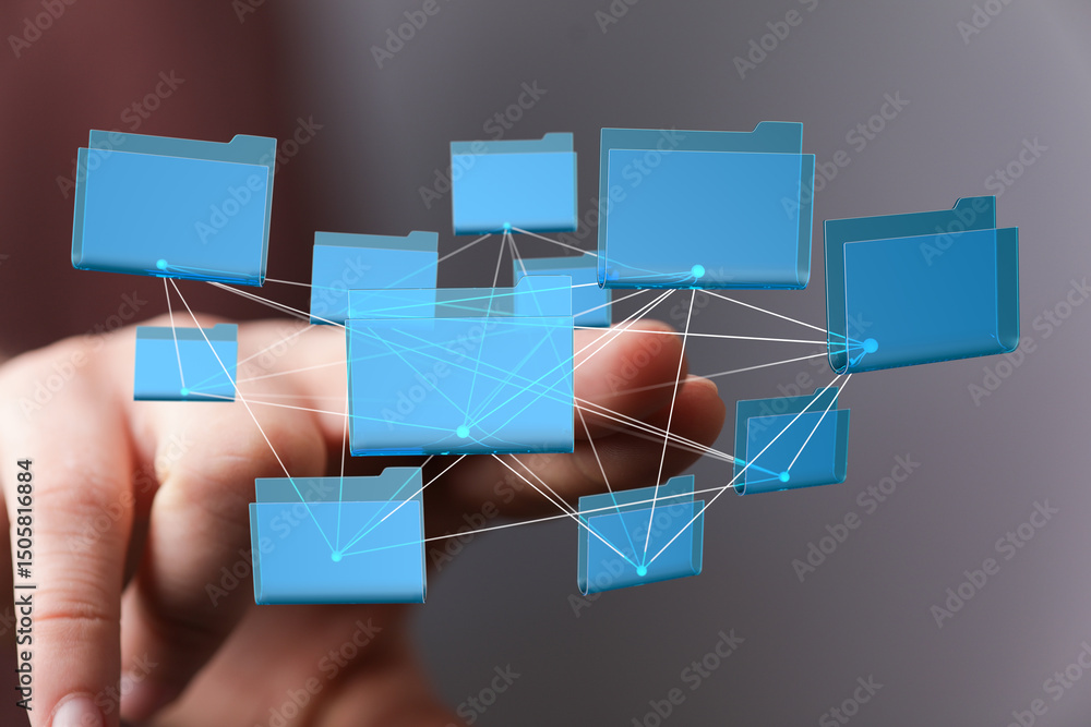 Poster conceptual image of interconnected files and folders, representing data management and cloud storage