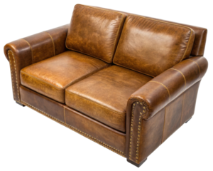 Genuine leather loveseat sofa adds warmth and style to any space., PNG on transparent background