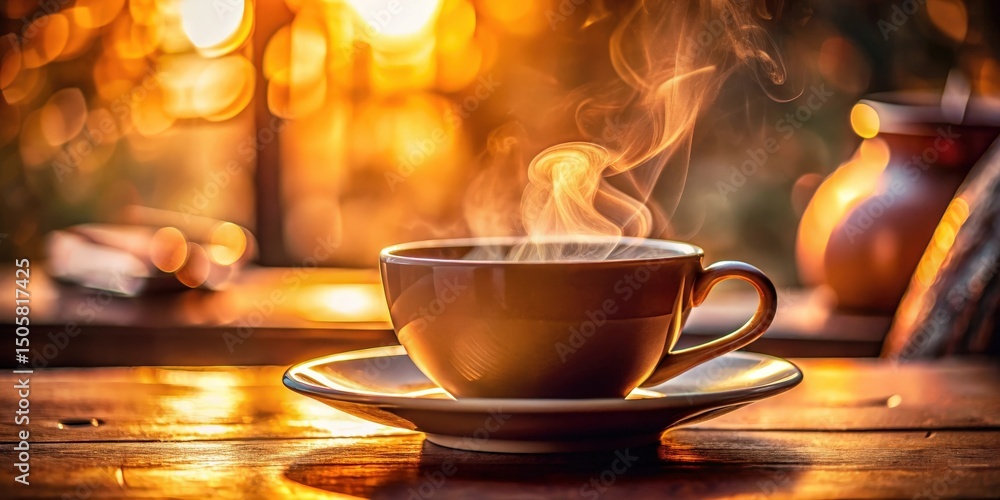Poster a steaming cup of coffee on a wooden table illuminated by the warm glow of the setting sun.