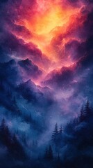 Obraz premium Colorful watercolor painting showcasing a stunning sunset with a gradient blend of purple and blue hues across a vibrant background, reflecting beautiful artistic expression.