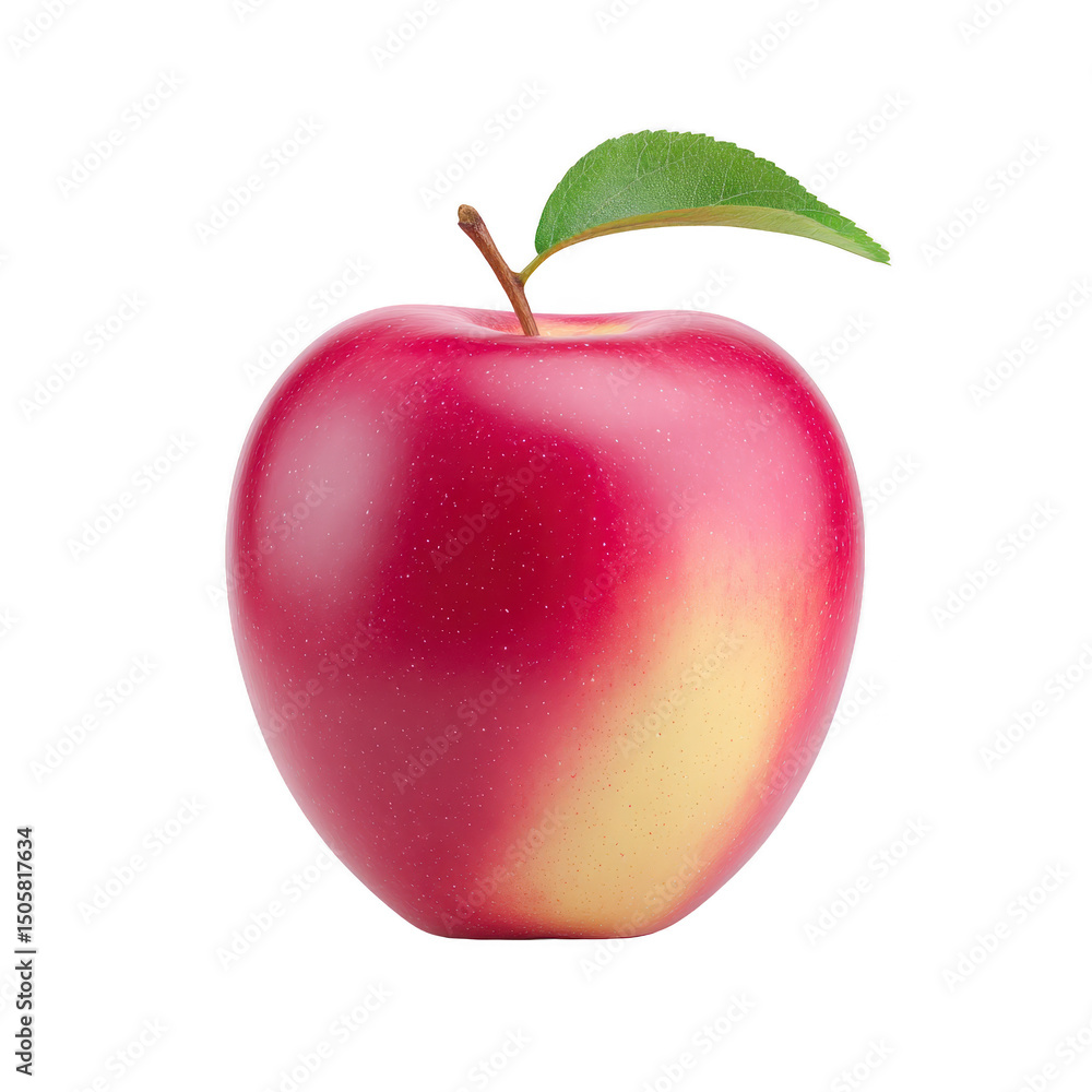 Poster fresh, vibrant red apple with glossy surface and single green leaf on top, isolated on transparency 