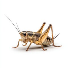 Close-up of a cricket, showcasing its intricate details against a white background.