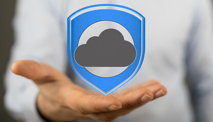 Image of a hand holding a digital shield protecting a cloud, symbolizing secure cloud data.