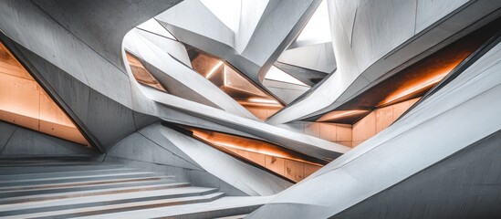 Abstract architectural interior with complex geometric shapes, stairs, and warm lighting.