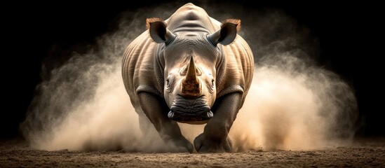 Powerful rhino charging, dust cloud.