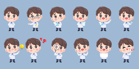 Cartoon cute man doctor character pose set design. premium vector.