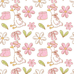 Cute Goose Seamless Pattern with Daisies and Ribbons, Kawaii Spring Animal Background, Pastel Nursery Design