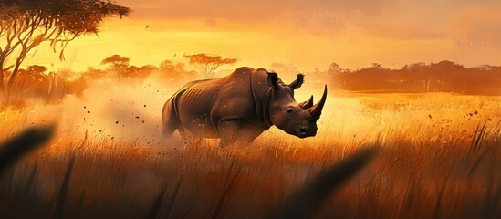 Rhino charging through tall grass at sunset.