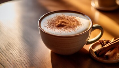 cappuccino in a stylish ceramic mug with a dusting of cinnamon showcasing warm inviting tones cozy still life cafe