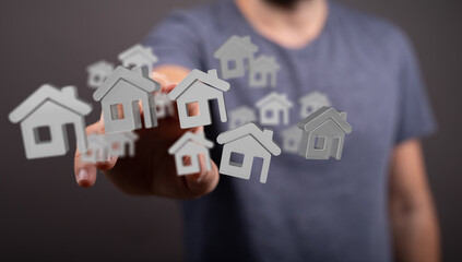 Image depicts a person interacting with digital home icons, ideal for real estate, property, and...