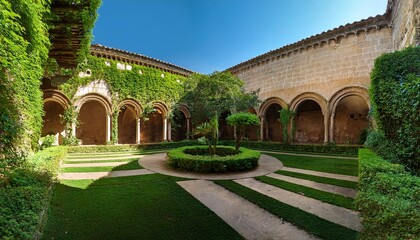 Fototapeta premium green oasis in ancient courtyard beautiful and historic architecture blended with nature