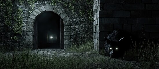Dark, mysterious arched stone doorway with a wolf lurking nearby at night.
