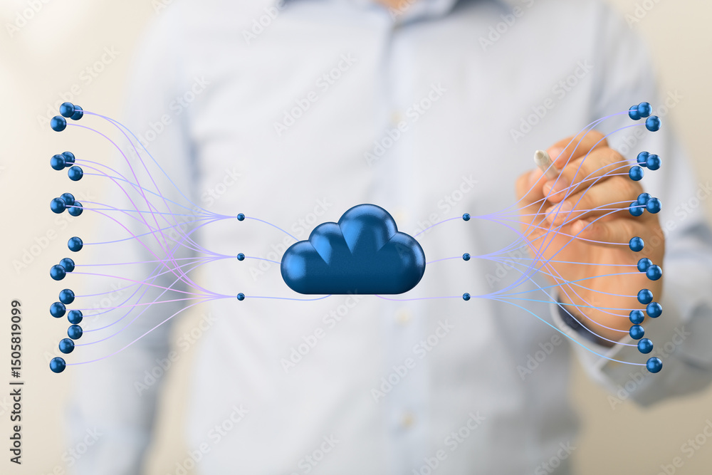 Poster Visual representation of cloud computing, data connections, and global network infrastructure.