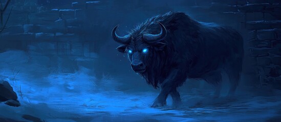 Glowing-eyed bull in a dark, snowy landscape.