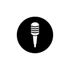 Black and white microphone icon is centered within circular background, symbolizing audio or music. simple design is ideal for use in media, broadcasting, or podcasting contexts
