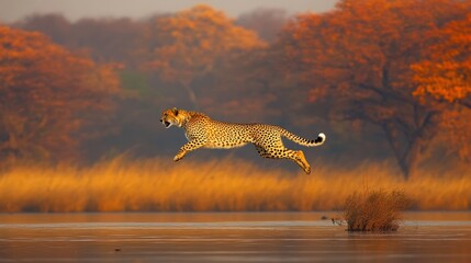 Cheetah leaping over water, autumnal background.