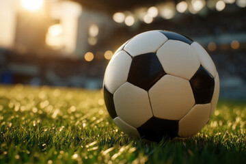 Obraz premium Soccer Ball on the Field: A photorealistic, close-up view of a classic black and white soccer ball rests on lush green grass, set against a backdrop of a stadium with the warm glow of the setting sun.