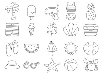 Outlined summer icons depict beach vacation essentials like a palm ice cream swimsuit  sea life