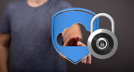 Image of a hand presenting a secured cloud concept. Ideal for cybersecurity, data protection, and cloud storage.