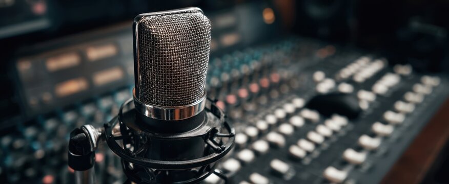 The microphone in a professional audio recording studio setting.