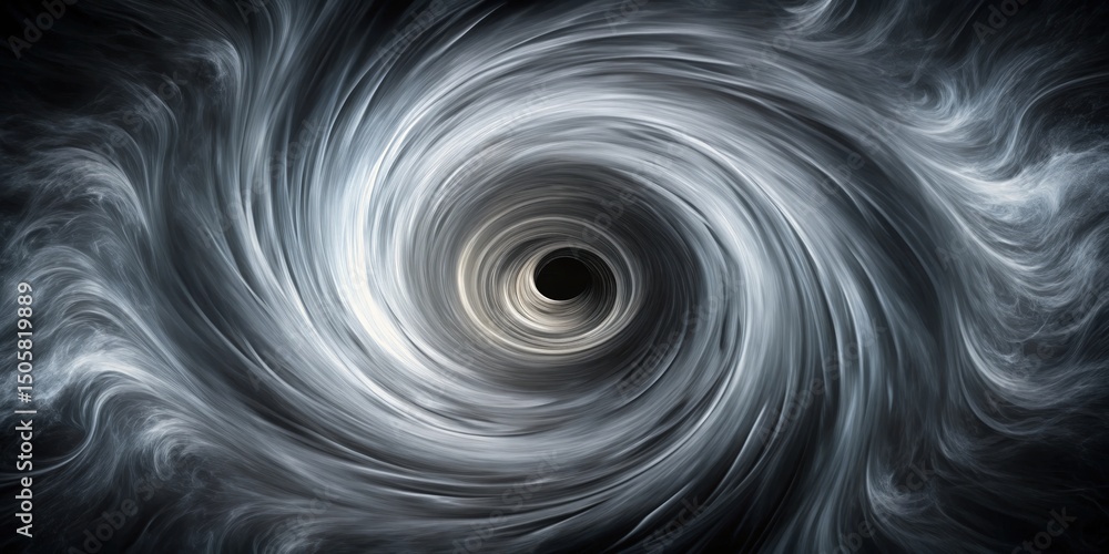 Poster Abstract Swirling Vortex of Gray and Black Hues, Concentric Rings Drawing the Eye Towards the Center of the Design, Evoking Feelings of Motion and Depth