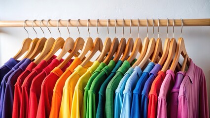 Colorful Shirts Hanged on Wooden Hangers in a Row