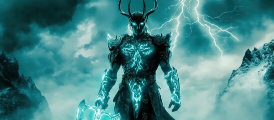 Powerful, glowing, horned warrior in stormy mountains.