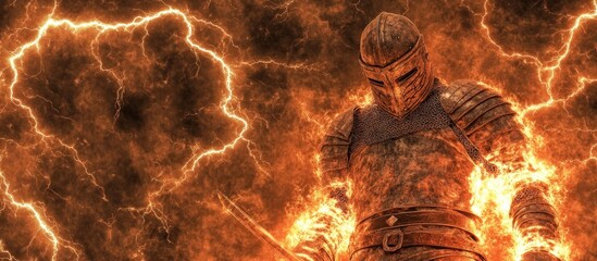 Fiery knight engulfed in flames and lightning.