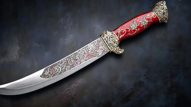 An ornate knife with a red handle and intricate silver detailing.