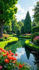 Serene garden with meticulously manicured hedges, vibrant flowerbeds, and a tranquil pond reflecting the sky A perfect example of harmonious landscaping , soil, environment