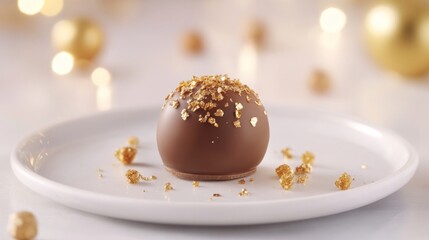 Single milk chocolate truffle with gold leaf on white plate.