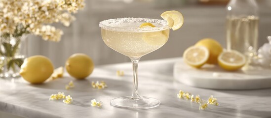 Sparkling lemon cocktail in coupe glass garnished with lemon twist and sugar rim, on marble surface with lemons and flowers.