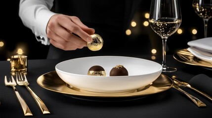 Elegant hand placing gold-leaf chocolate on plate.