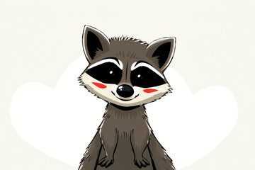 Adorable cartoon raccoon with rosy cheeks set against a heartwarming background