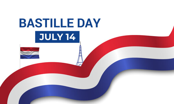 Happy Bastille Day. Design for French flag background for French National Day July 14 every year. Eiffel Tower in colors of French flag icon web banner. Vector illustration of background.
