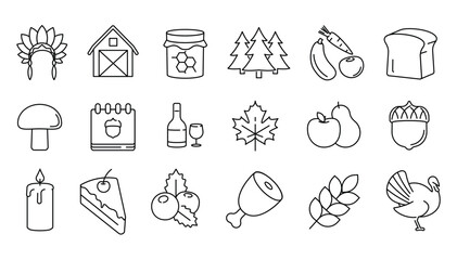 Lineart Thanksgiving icons headdress barn honey pines produce bread mushroom calendar wine leaf fruits acorn turkey