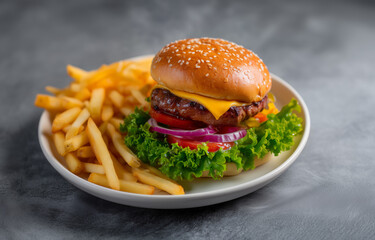 Close-up of Tasty Hamburger with French Fries on White Plate, Gray Textured Background