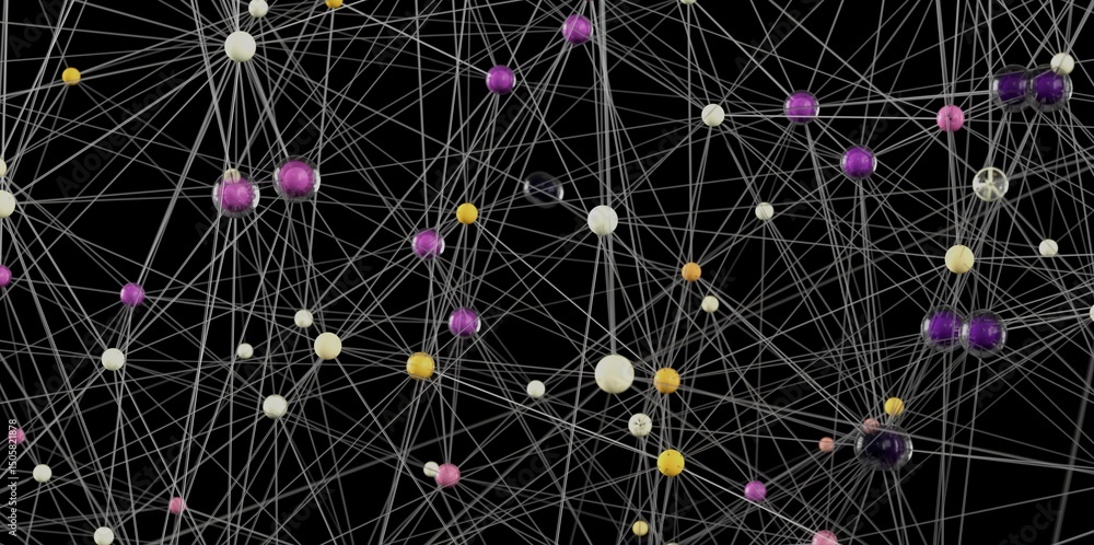 Poster complex network visualization with colorful nodes connected by thin lines. ideal for technology, con