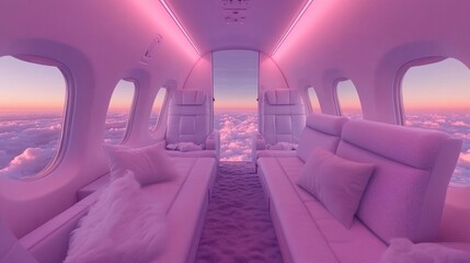 Luxurious private jet cabin with pink lighting, showcasing comfortable seating and stunning cloud views at sunset.