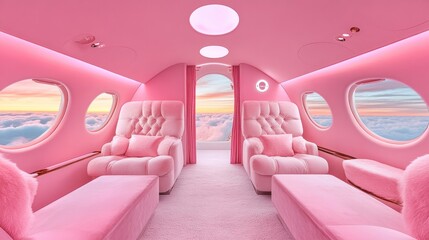 Luxurious pink private jet interior with plush seating, offering breathtaking cloud views at sunset.