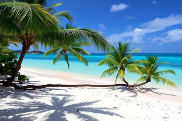 Serene Tropical Paradise with Palm Trees on Pristine White Sandy Beach by Azure Waters