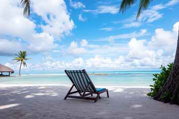 Serene beach scene with a lone chair under a palm tree by the ocean