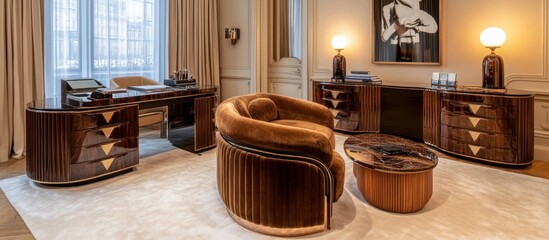 Luxurious art deco style home office with curved desk, armchair, and side table.