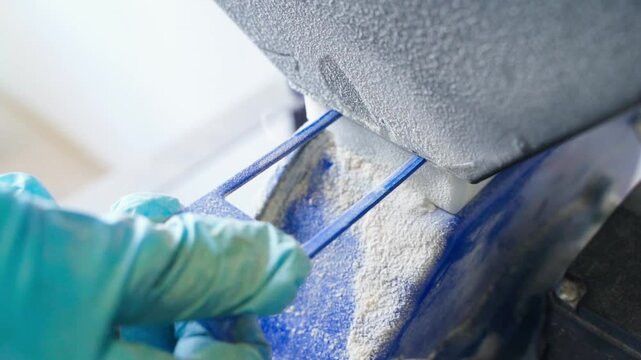 Opening the grain feed into the electric mill, close-up