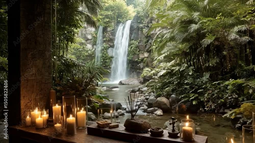 Poster a serene tropical setting featuring a waterfall surrounded by lush greenery and candles, creating a 