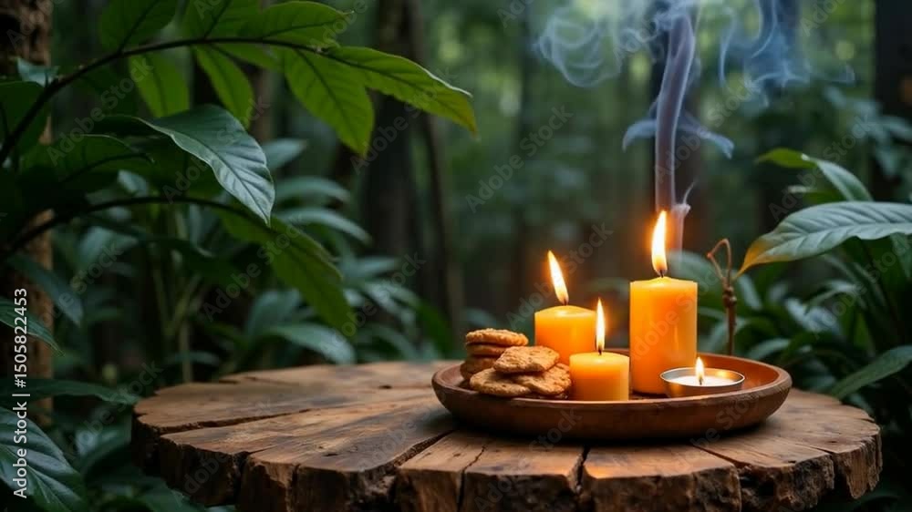 Aufkleber the image features soft-lit candles on a wooden platter, surrounded by greenery and fragrant incense