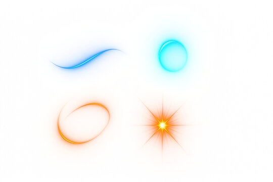 Light Effects Collection:  A set of four vibrant light effect elements, including a blue wave, a blue circle, an orange ellipse and an orange starburst. Ideal for graphic design projects.