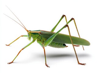 Close-up of a vibrant green katydid, showcasing intricate details against a stark white background.